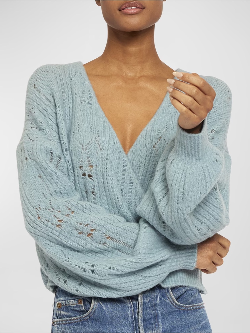 Joie Dusty Blue V-Neck Open-Knit Sweater